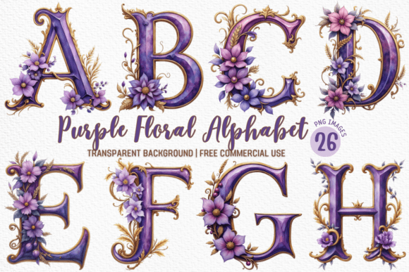 Download Purple Floral Alphabet Clipart Bundle - Floral alphabet Collection
