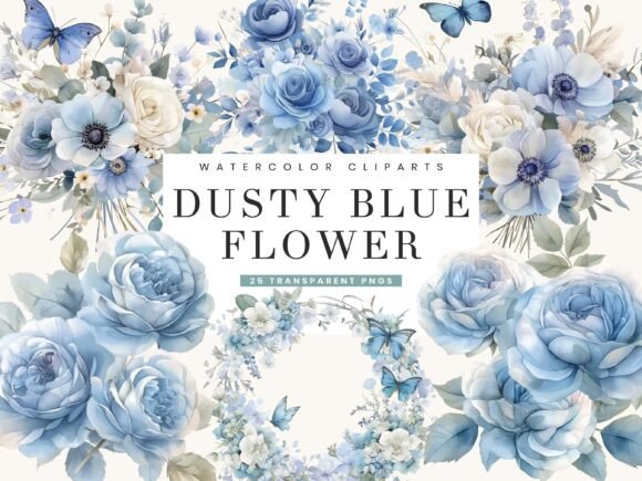 Download Dusty Blue Flower Clipart Bundle - Flower clipart Collection