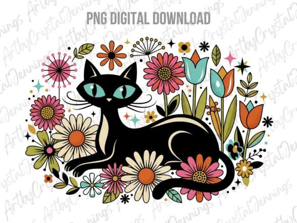 Download Retro 70s Black Cat Floral PNG - Black Collection