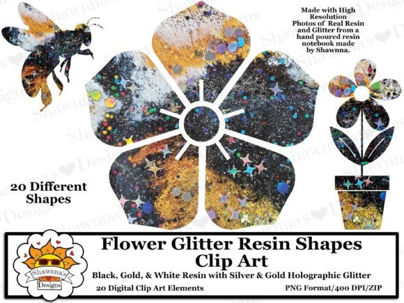 Download Black Gold Glitter Resin Flowers Clipart - Black Collection